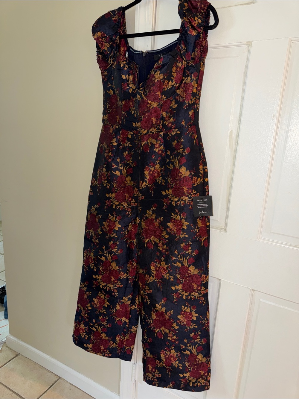 Lulu's Black Jumpsuit with Burgundy & Gold Floral Print